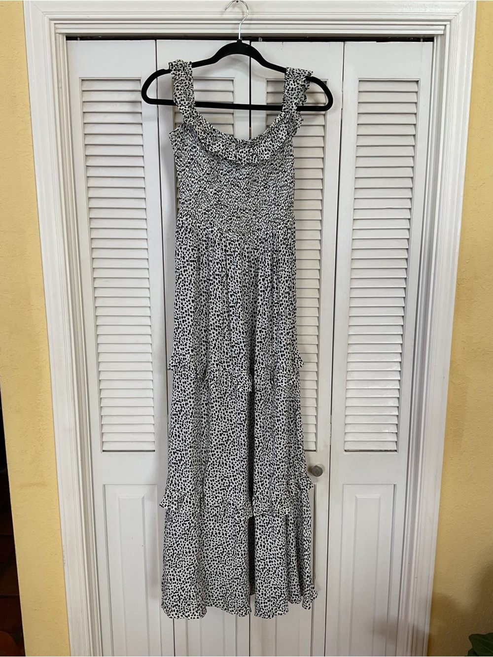 Express Black and White Smocked Ruffle Tiered Maxi Dress